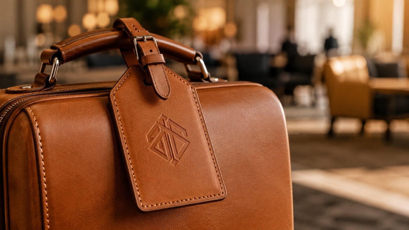 Debossed cognac leather luggage tag with a brand logo on a warm bone background