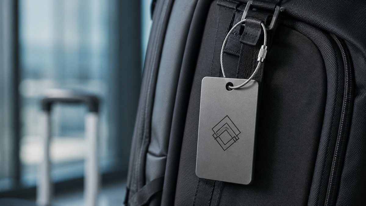 Laser-engraved anodized aluminum luggage tag with brand logo on a metal face