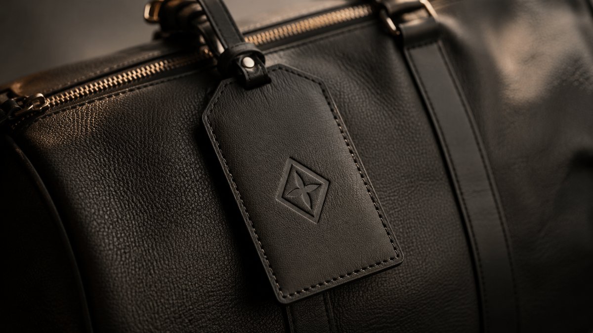 Debossed genuine full-grain leather luggage tag with brand logo in cognac tan