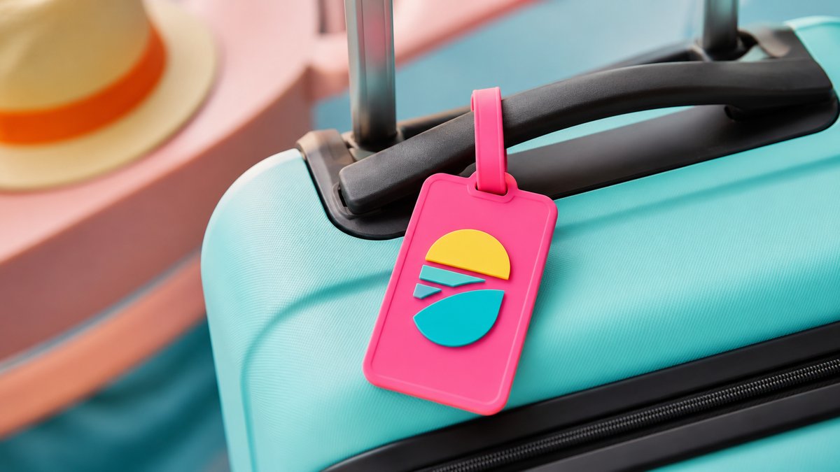 Molded silicone luggage tag with raised brand logo, flexible and colorful