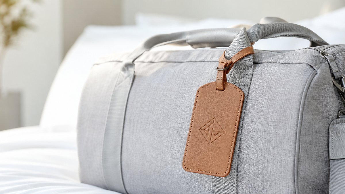 Debossed vegan leather luggage tag with brand logo, cruelty-free PU material