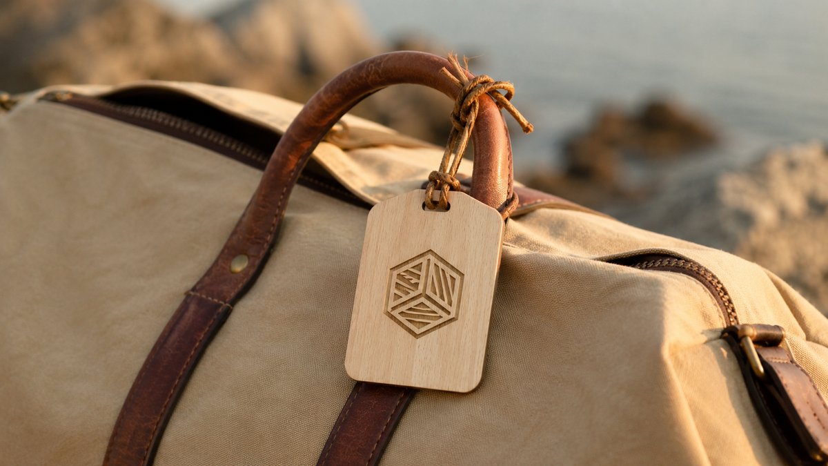 Laser-engraved wooden luggage tag in birch with a natural grain finish and brand logo
