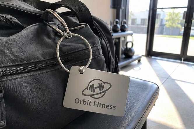Laser-engraved anodized aluminum luggage tag with brand logo on a metal face