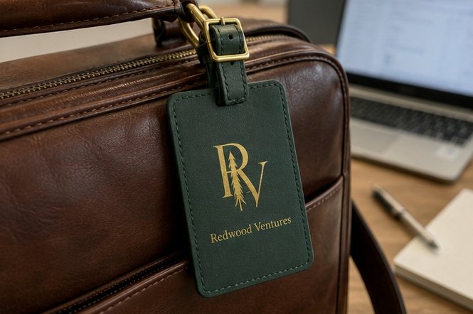 Debossed genuine full-grain leather luggage tag with brand logo in cognac tan