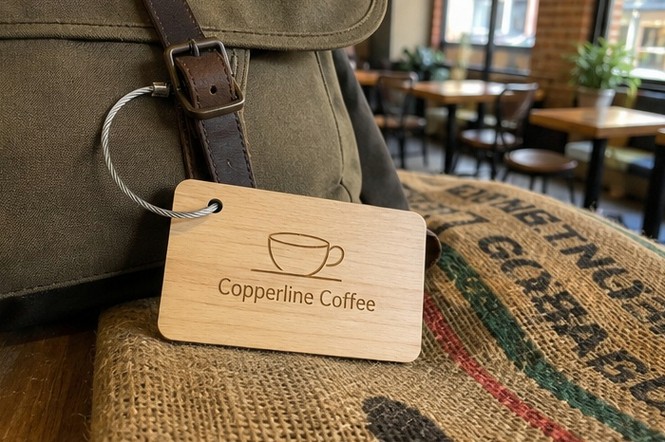 Laser-engraved wooden luggage tag in birch with a natural grain finish and brand logo