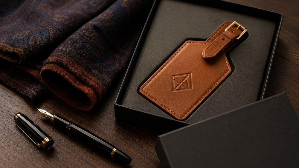 Debossed leather luggage tag styled as a branded corporate gift