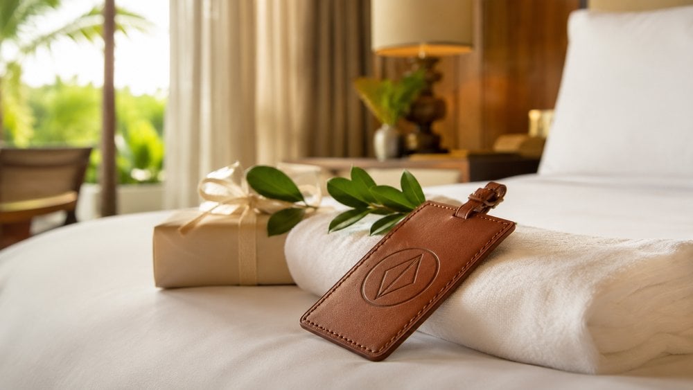 Leather luggage tag in a hotel welcome set with resort branding