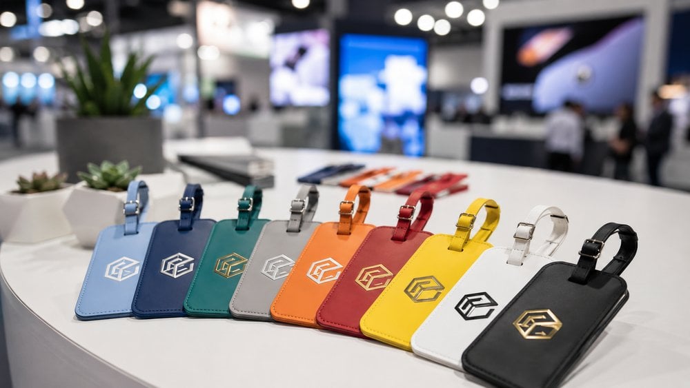Colorful promotional luggage tags on a trade-show giveaway table