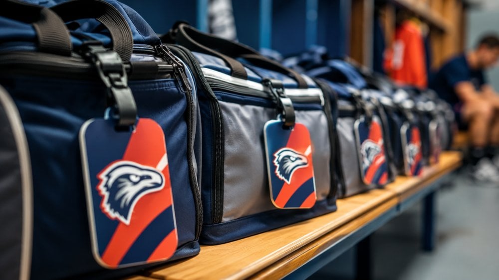 Full-color PVC luggage tags with a team logo and mascot