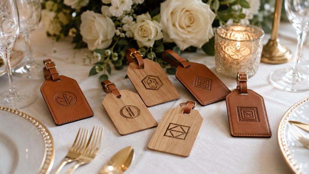 Wooden and leather luggage tags as destination wedding favors