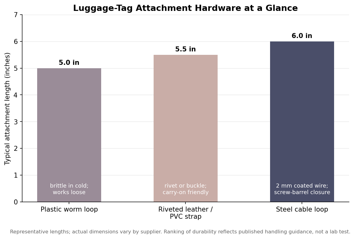 Bar chart comparing typical length and traits of plastic worm loop, riveted leather/PVC strap, and steel cable loop luggage tag attachments